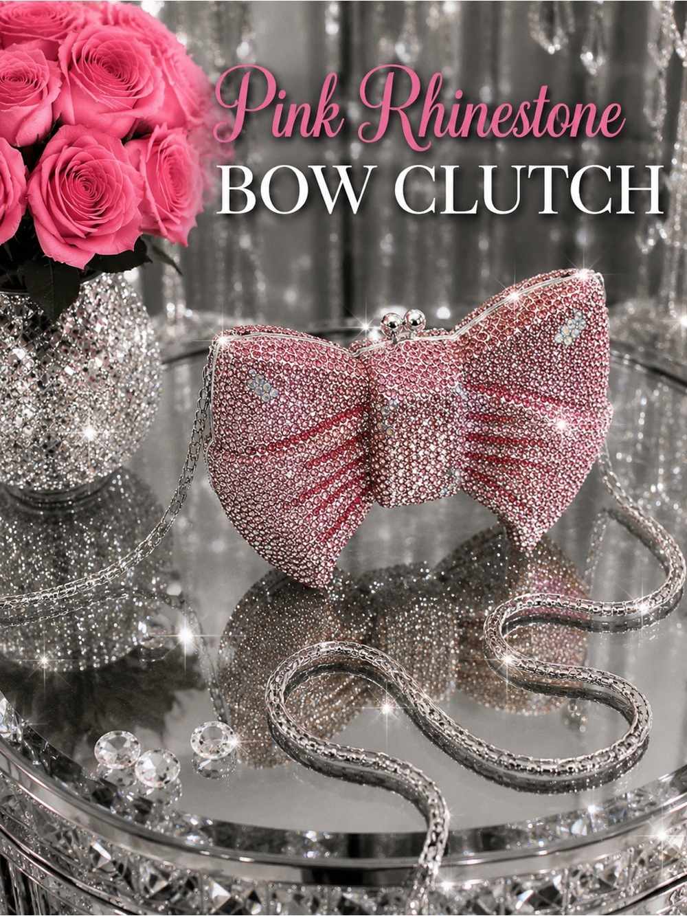 NWT Bow Clutch Purse Sparkling Bling Swarovski Crystal Rhinestone Bag Gold Pink - Picture 8 of 14
